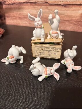NIB 5 Vintage 1978 Fitz and Floyd Ceramic "Tumbling Bunnies" Figurines Japan